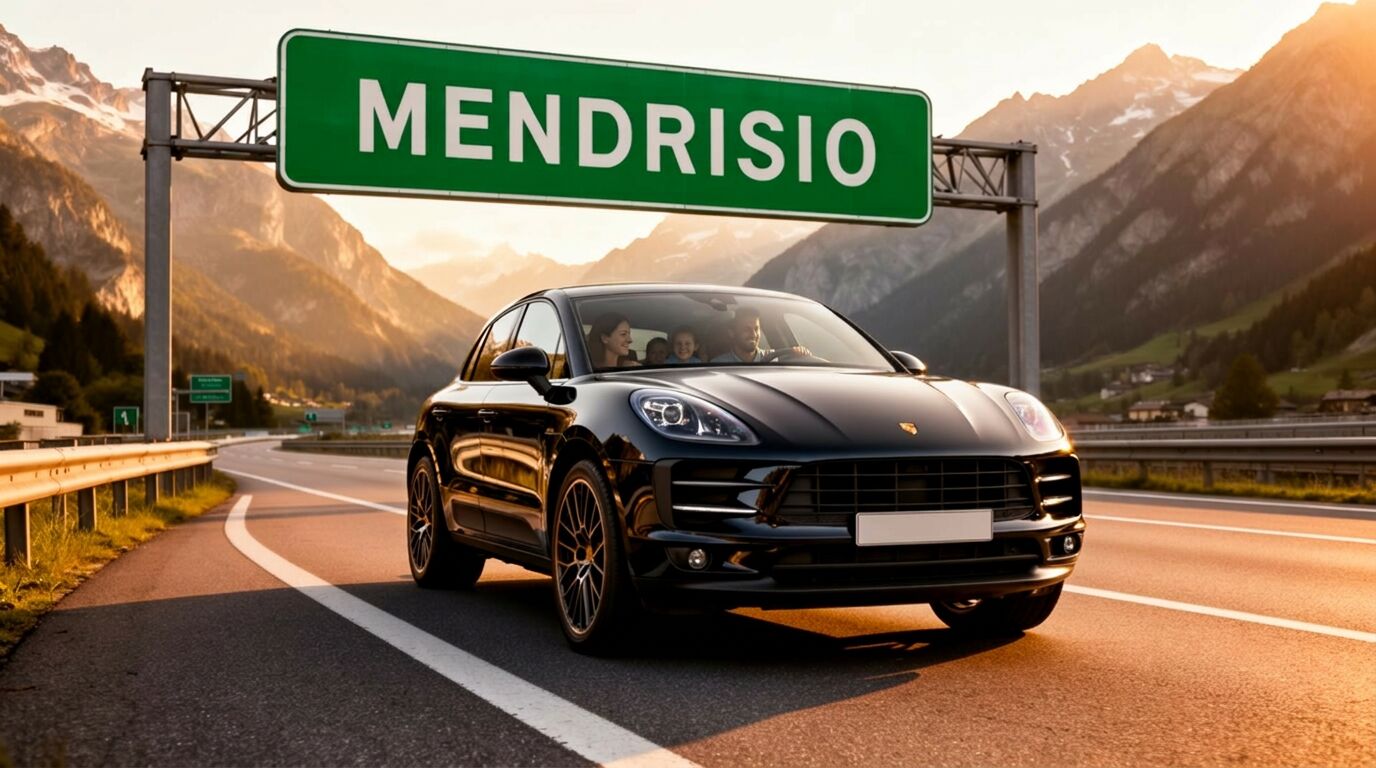 Porsche Macan nera su autostrada alpina svizzera, uscita Mendrisio