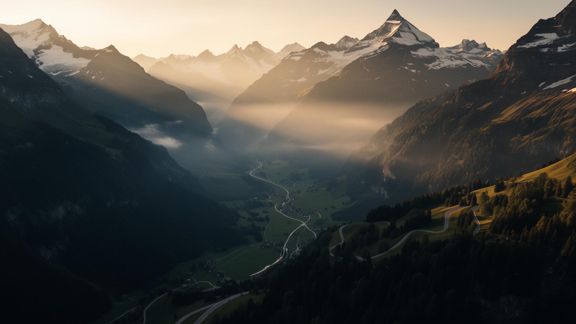 Valle alpina svizzera nella luce dorata della sera